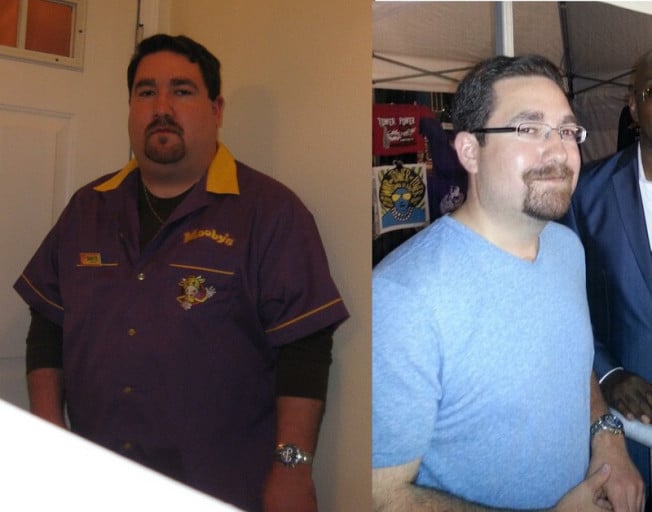 A progress pic of a 5'8" man showing a fat loss from 262 pounds to 197 pounds. A respectable loss of 65 pounds.
