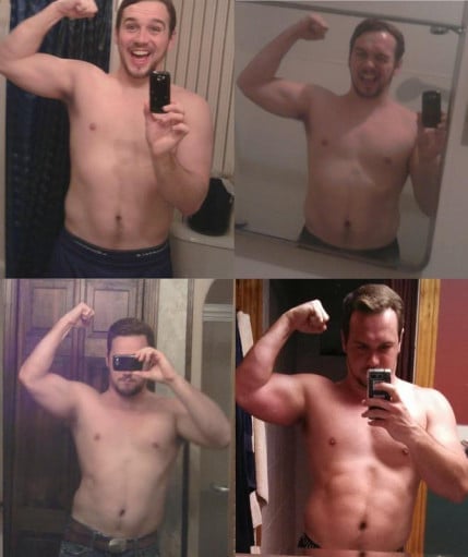 A before and after photo of a 5'10" male showing a weight bulk from 175 pounds to 200 pounds. A total gain of 25 pounds.