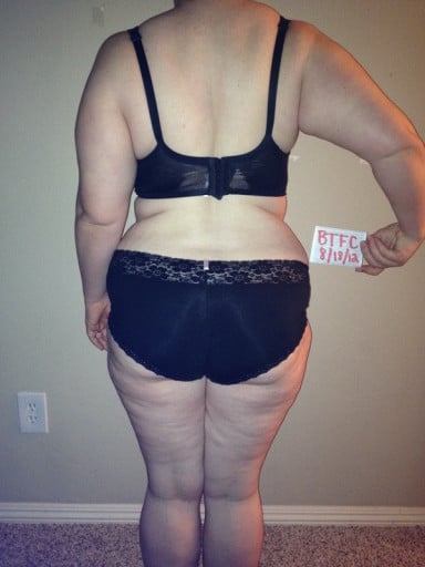 A before and after photo of a 5'1" female showing a snapshot of 197 pounds at a height of 5'1