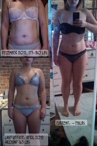 A before and after photo of a 5'5" female showing a weight reduction from 180 pounds to 168 pounds. A respectable loss of 12 pounds.
