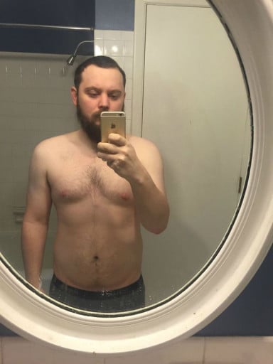 A progress pic of a 5'6" man showing a weight reduction from 218 pounds to 184 pounds. A net loss of 34 pounds.