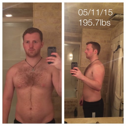 A before and after photo of a 5'10" male showing a weight loss from 195 pounds to 174 pounds. A net loss of 21 pounds.