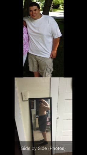 A photo of a 5'8" man showing a fat loss from 320 pounds to 215 pounds. A respectable loss of 105 pounds.