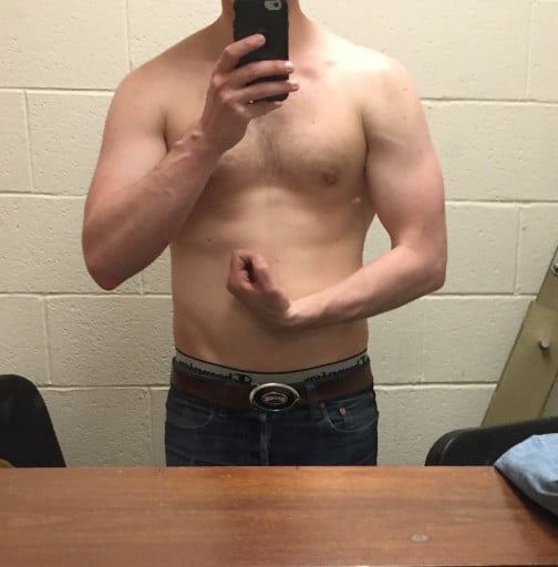 A picture of a 5'10" male showing a weight gain from 150 pounds to 165 pounds. A net gain of 15 pounds.