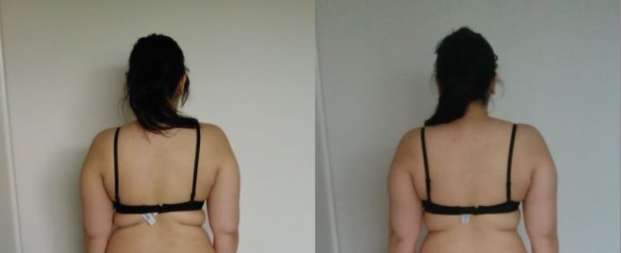 A before and after photo of a 5'4" female showing a weight reduction from 185 pounds to 176 pounds. A total loss of 9 pounds.