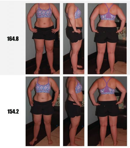 A before and after photo of a 5'2" female showing a weight reduction from 164 pounds to 154 pounds. A respectable loss of 10 pounds.