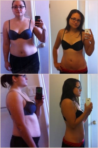 A before and after photo of a 5'3" female showing a weight reduction from 180 pounds to 150 pounds. A total loss of 30 pounds.