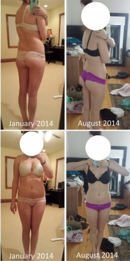 A progress pic of a 5'5" woman showing a fat loss from 130 pounds to 122 pounds. A net loss of 8 pounds.