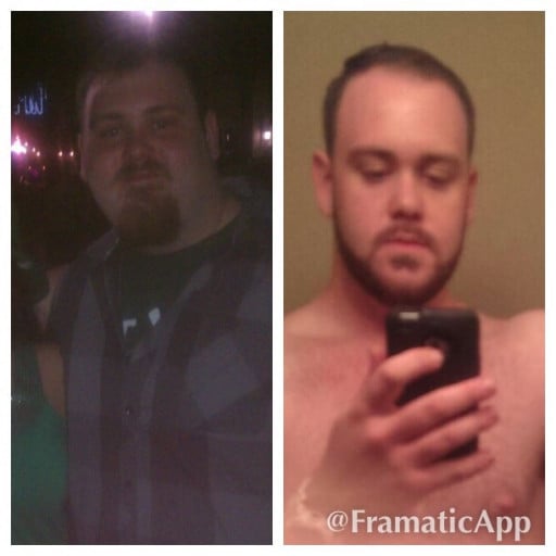 A progress pic of a 6'4" man showing a fat loss from 317 pounds to 235 pounds. A total loss of 82 pounds.