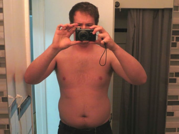 A progress pic of a 6'0" man showing a weight loss from 235 pounds to 205 pounds. A net loss of 30 pounds.