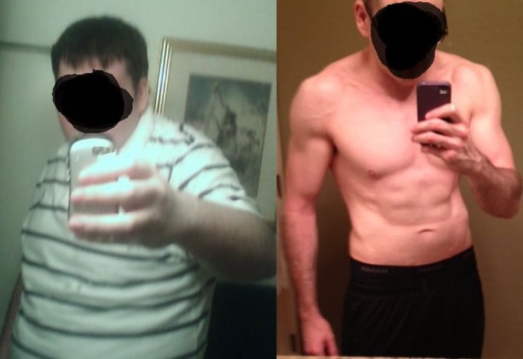A picture of a 6'2" male showing a weight loss from 300 pounds to 185 pounds. A total loss of 115 pounds.