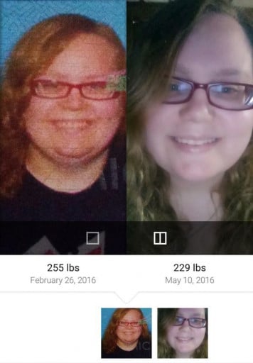 A photo of a 5'1" woman showing a weight cut from 255 pounds to 229 pounds. A net loss of 26 pounds.
