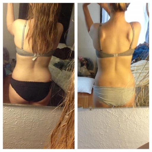 A progress pic of a 5'4" woman showing a weight reduction from 165 pounds to 119 pounds. A respectable loss of 46 pounds.
