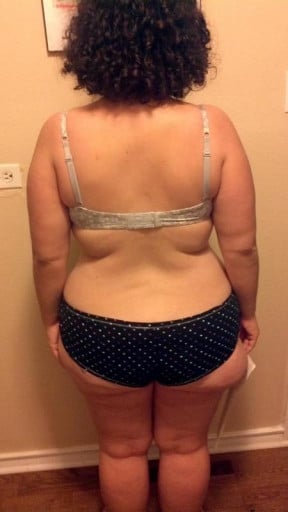 A before and after photo of a 5'4" female showing a snapshot of 197 pounds at a height of 5'4