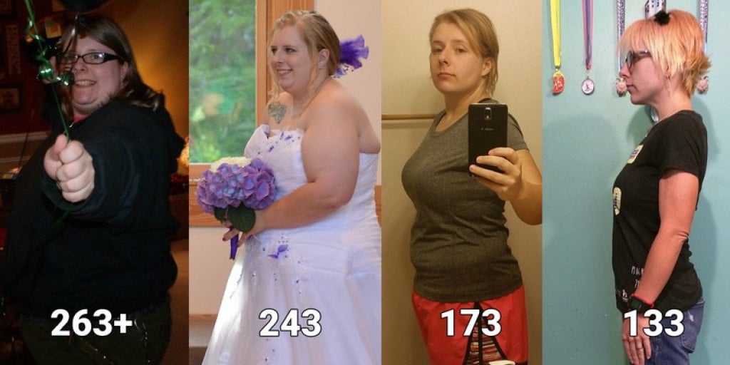 A before and after photo of a 5'4" female showing a fat loss from 263 pounds to 133 pounds. A respectable loss of 130 pounds.
