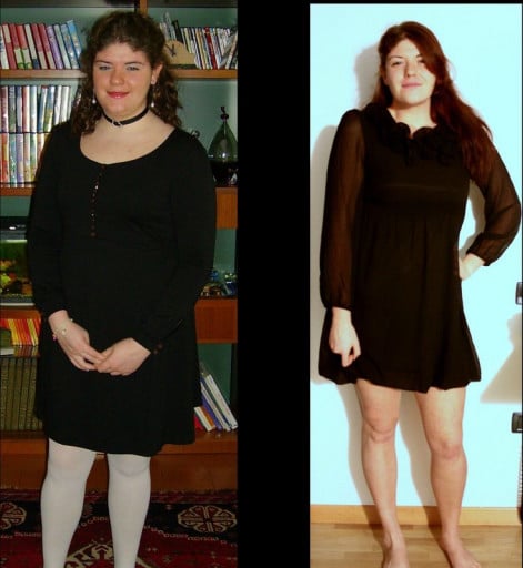 A progress pic of a 5'8" woman showing a fat loss from 216 pounds to 156 pounds. A net loss of 60 pounds.