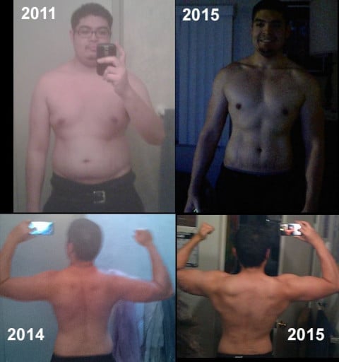 A progress pic of a 5'11" man showing a fat loss from 250 pounds to 170 pounds. A total loss of 80 pounds.