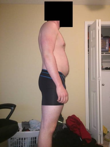A before and after photo of a 5'11" male showing a snapshot of 210 pounds at a height of 5'11