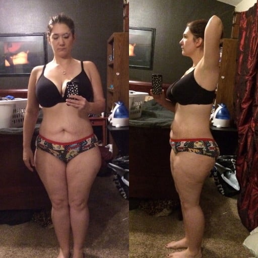 A progress pic of a 5'3" woman showing a weight loss from 233 pounds to 152 pounds. A respectable loss of 81 pounds.