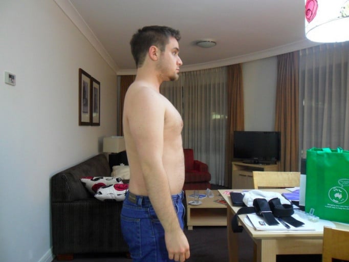 A before and after photo of a 5'8" male showing a muscle gain from 168 pounds to 182 pounds. A net gain of 14 pounds.