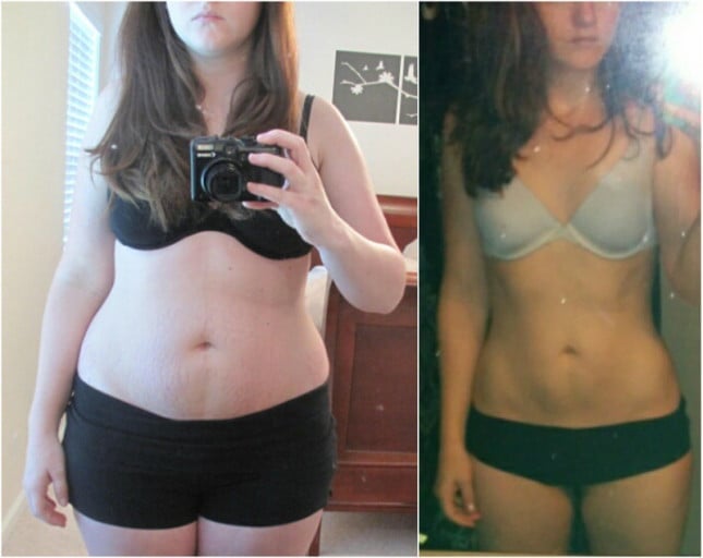 A progress pic of a 5'7" woman showing a weight loss from 215 pounds to 150 pounds. A net loss of 65 pounds.