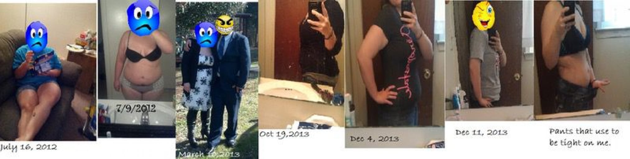 A photo of a 5'3" woman showing a weight cut from 210 pounds to 155 pounds. A total loss of 55 pounds.