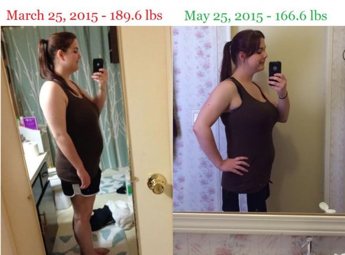 A photo of a 5'5" woman showing a fat loss from 189 pounds to 166 pounds. A total loss of 23 pounds.