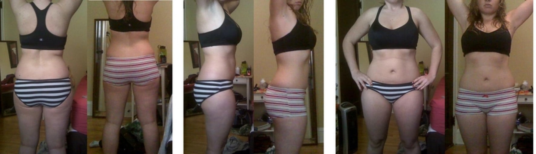 A progress pic of a 5'3" woman showing a snapshot of 150 pounds at a height of 5'3