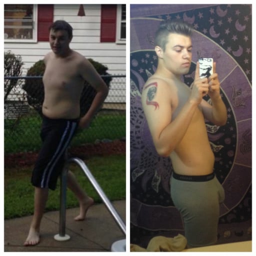 A photo of a 5'11" man showing a weight cut from 205 pounds to 160 pounds. A net loss of 45 pounds.