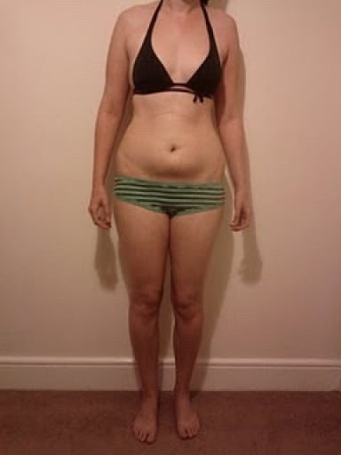 A before and after photo of a 5'8" female showing a snapshot of 154 pounds at a height of 5'8