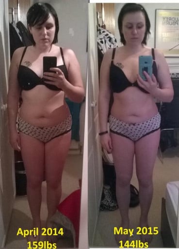 A before and after photo of a 5'5" female showing a weight cut from 159 pounds to 144 pounds. A net loss of 15 pounds.