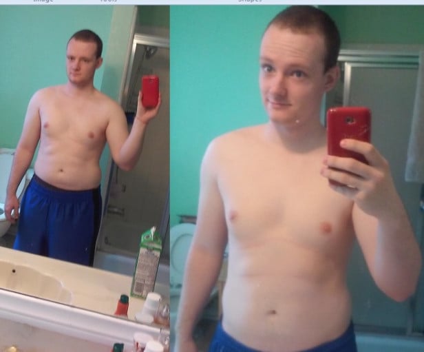 A picture of a 5'8" male showing a weight loss from 185 pounds to 167 pounds. A net loss of 18 pounds.