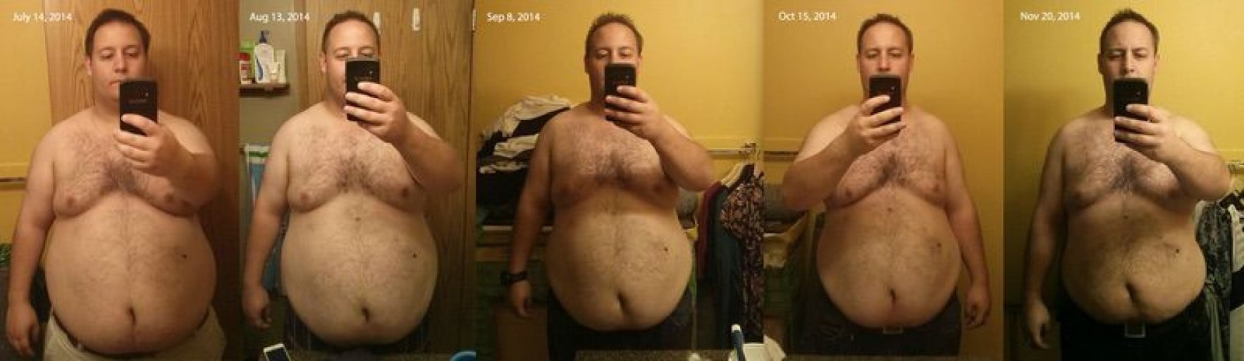 A before and after photo of a 5'7" male showing a weight reduction from 310 pounds to 264 pounds. A respectable loss of 46 pounds.