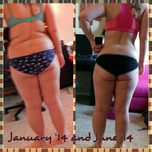 A progress pic of a 5'6" woman showing a weight cut from 220 pounds to 170 pounds. A respectable loss of 50 pounds.
