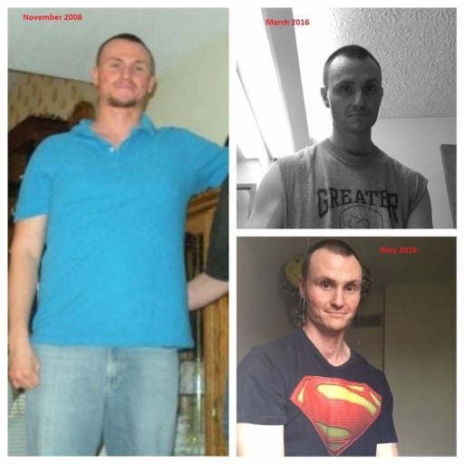 A progress pic of a 6'3" man showing a fat loss from 205 pounds to 172 pounds. A net loss of 33 pounds.