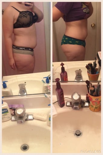 A progress pic of a 5'6" woman showing a fat loss from 221 pounds to 207 pounds. A respectable loss of 14 pounds.