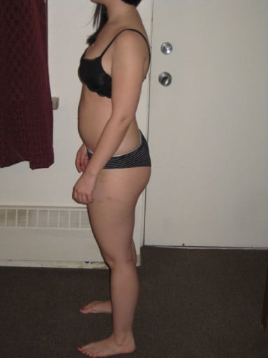 A progress pic of a 5'2" woman showing a snapshot of 120 pounds at a height of 5'2