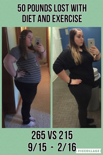 A photo of a 5'1" woman showing a fat loss from 265 pounds to 215 pounds. A respectable loss of 50 pounds.