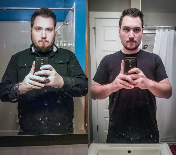 A progress pic of a 5'11" man showing a fat loss from 275 pounds to 217 pounds. A respectable loss of 58 pounds.