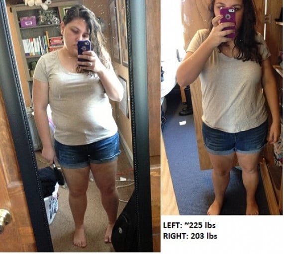 A photo of a 5'4" woman showing a weight loss from 228 pounds to 203 pounds. A respectable loss of 25 pounds.