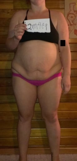 A before and after photo of a 5'5" female showing a snapshot of 216 pounds at a height of 5'5