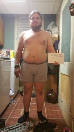 A before and after photo of a 5'7" male showing a snapshot of 219 pounds at a height of 5'7