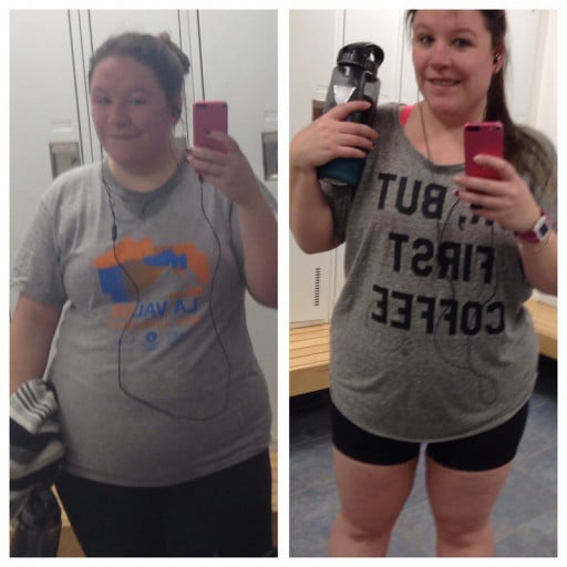 A progress pic of a 5'3" woman showing a fat loss from 198 pounds to 184 pounds. A respectable loss of 14 pounds.