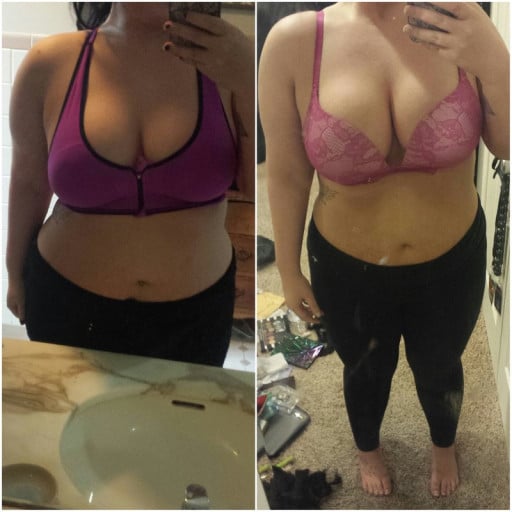 A before and after photo of a 5'0" female showing a weight loss from 251 pounds to 188 pounds. A net loss of 63 pounds.