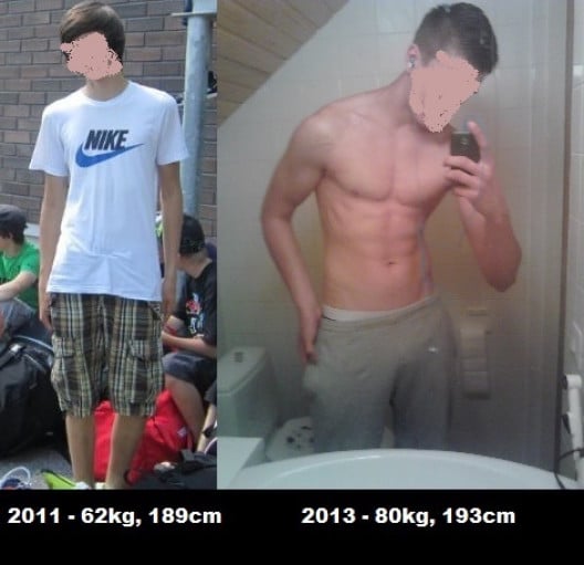 A before and after photo of a 6'3" male showing a muscle gain from 135 pounds to 200 pounds. A net gain of 65 pounds.