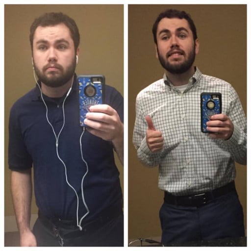 A before and after photo of a 5'9" male showing a fat loss from 200 pounds to 160 pounds. A respectable loss of 40 pounds.