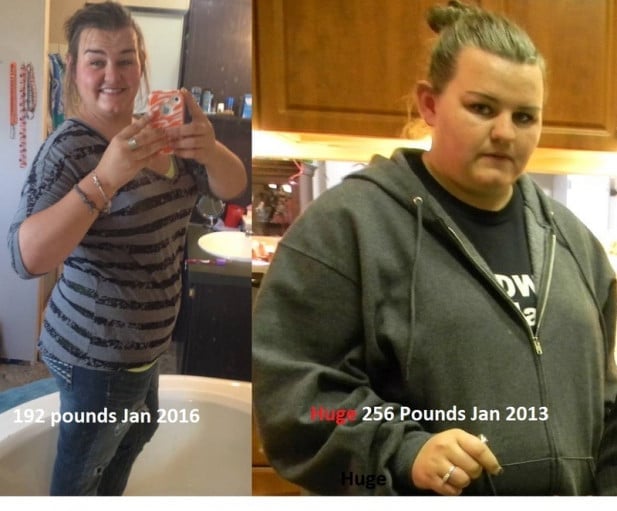 A progress pic of a 5'7" woman showing a weight reduction from 256 pounds to 192 pounds. A net loss of 64 pounds.