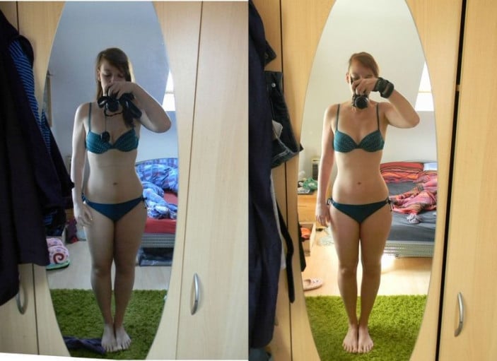 A photo of a 5'8" woman showing a weight cut from 160 pounds to 145 pounds. A total loss of 15 pounds.