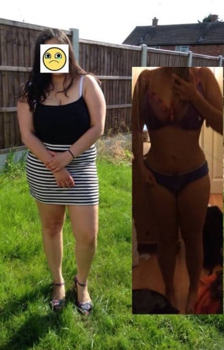 A progress pic of a 5'3" woman showing a fat loss from 180 pounds to 132 pounds. A total loss of 48 pounds.