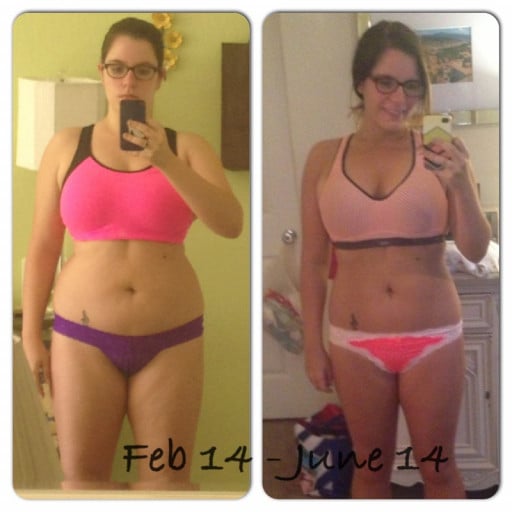 A progress pic of a 5'6" woman showing a fat loss from 180 pounds to 152 pounds. A total loss of 28 pounds.